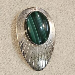 Vintage Sterling-Style Silver Pin with Green Malachite Oval Cabochon